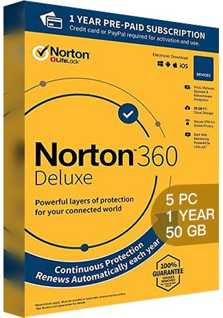 Norton 360 Deluxe - 5 PCs - 1 Year - 50GB Cloud Storage