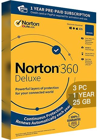 Norton 360 Deluxe - 3 PCs - 1 Year - 25GB Cloud Storage